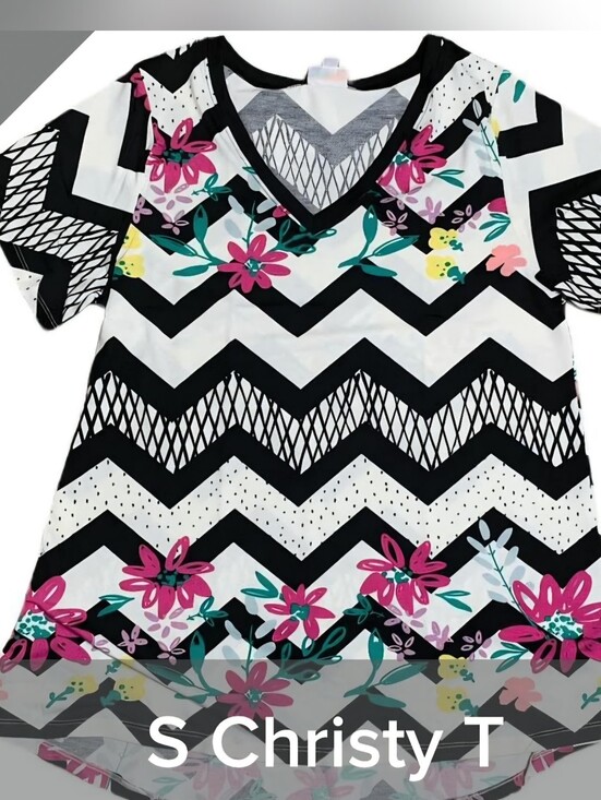 Christy Tops - Christy Black & White Chevron V‑Neck Top with Pink Floral Accents